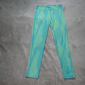 Under Armour Leggings Big Girls Youth LG  Neon Yellow Blue HeatGear UPF 30 Yoga